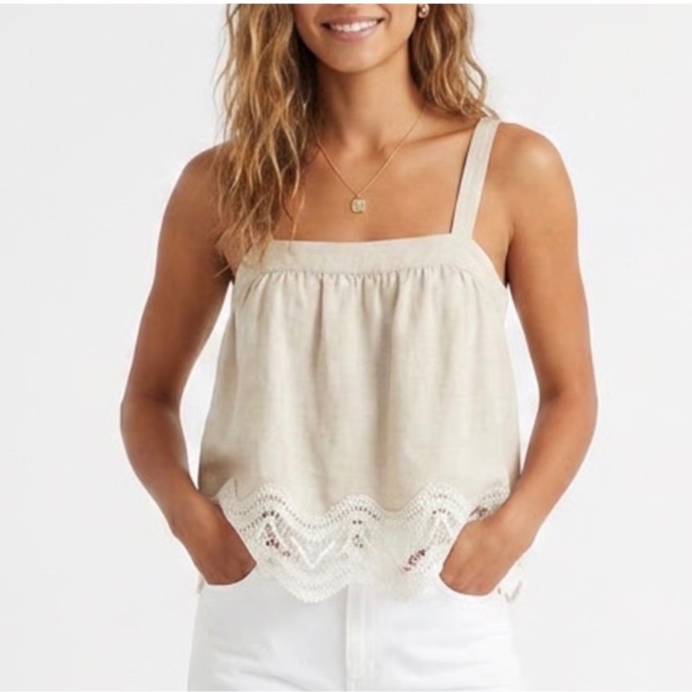 Parker Women Oatmeal Beige Crochet Lace Smocked Back Linen Blend Cami Top S NWOT